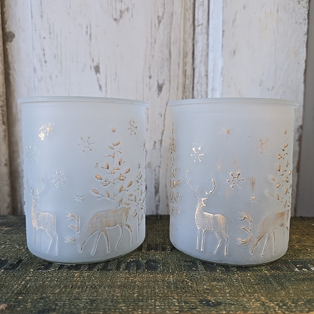 Vtg Lot of 2‎ Frosted Glass Tealight Votive Candle Holders Gold Deer Trees